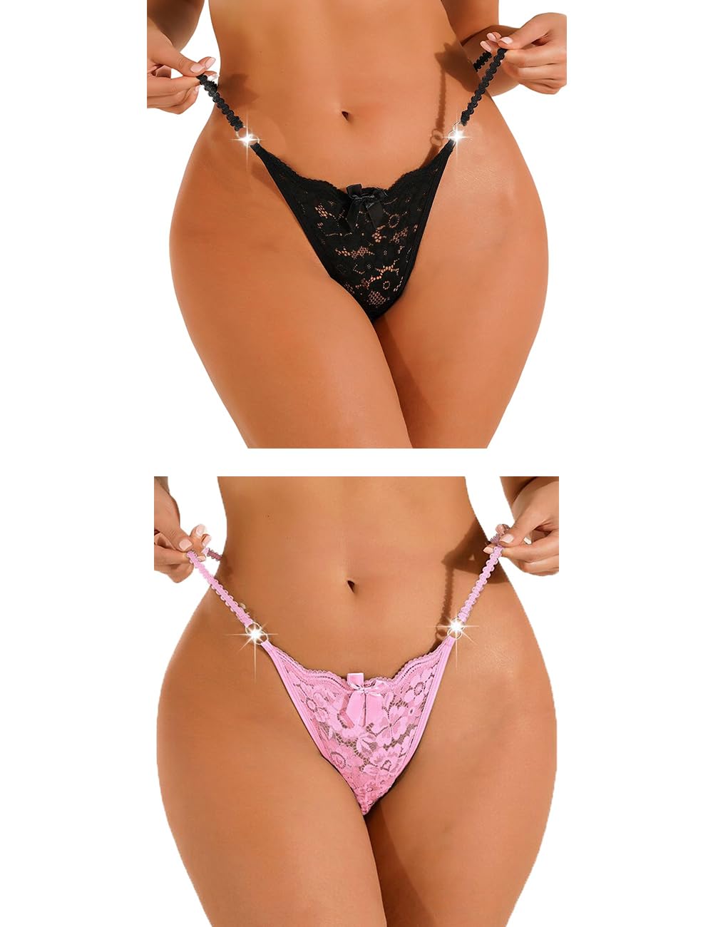 Culotte Cheeky Thong Sexy Lot de 2 Noir Rose H