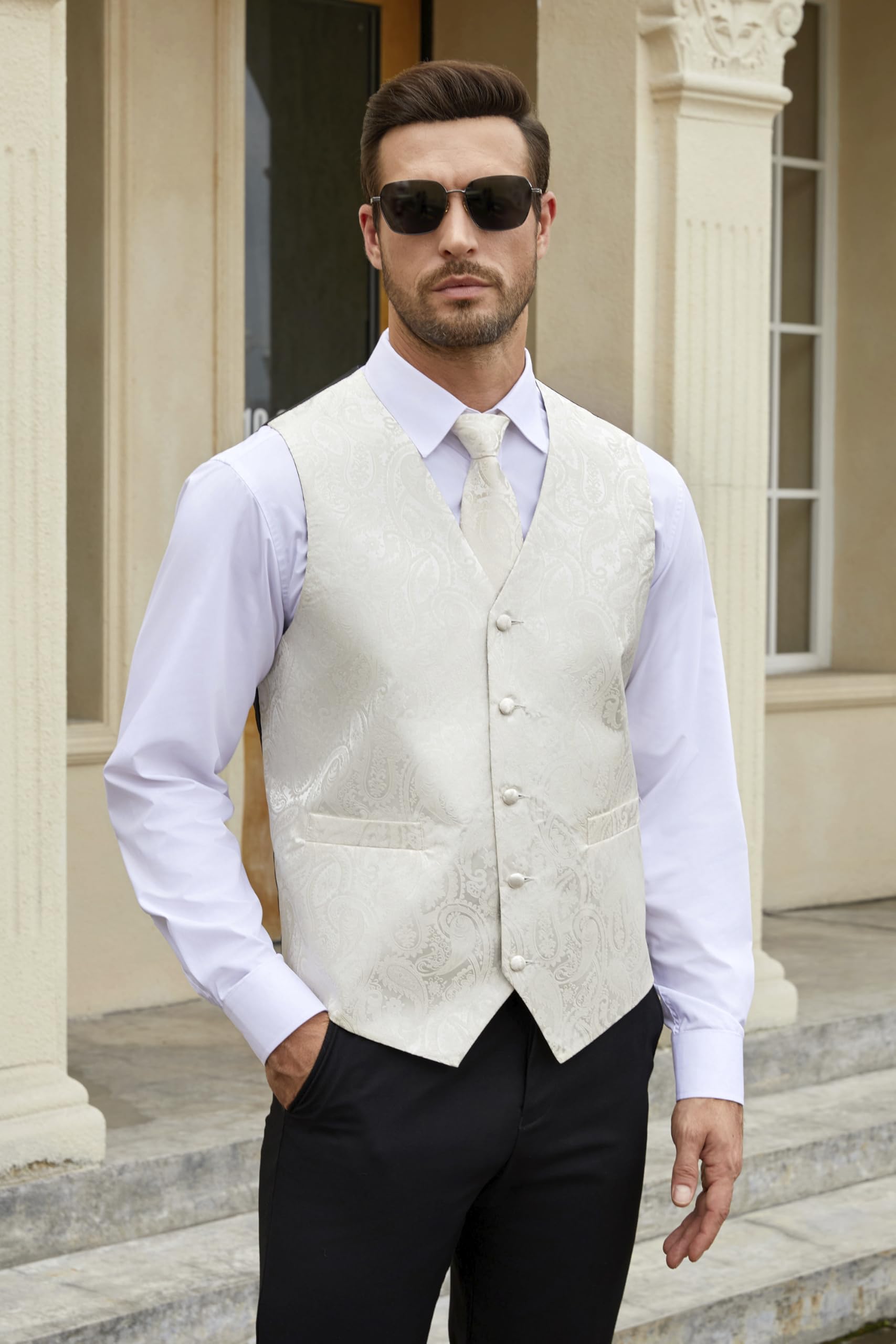 Gilet Homme plus Cravate & Pochette Beige-1 F