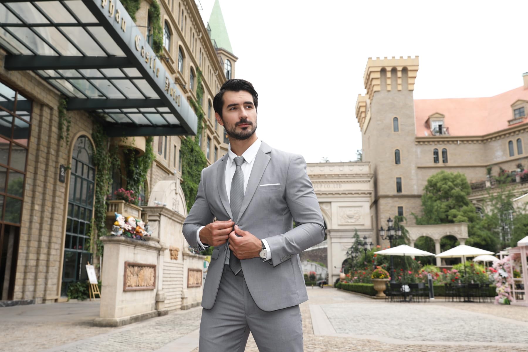 Costume Homme Slim Fit Deux Pièces Deux Boutons Gris Clair A