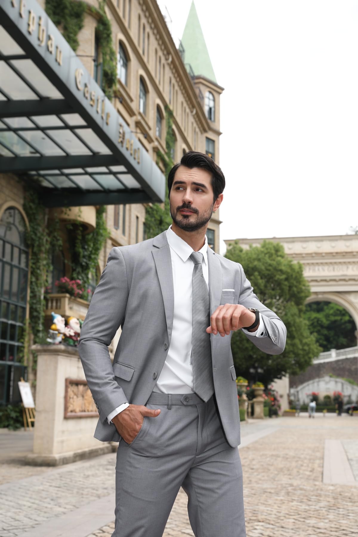 Costume Homme Slim Fit Deux Pièces Deux Boutons Gris Clair A