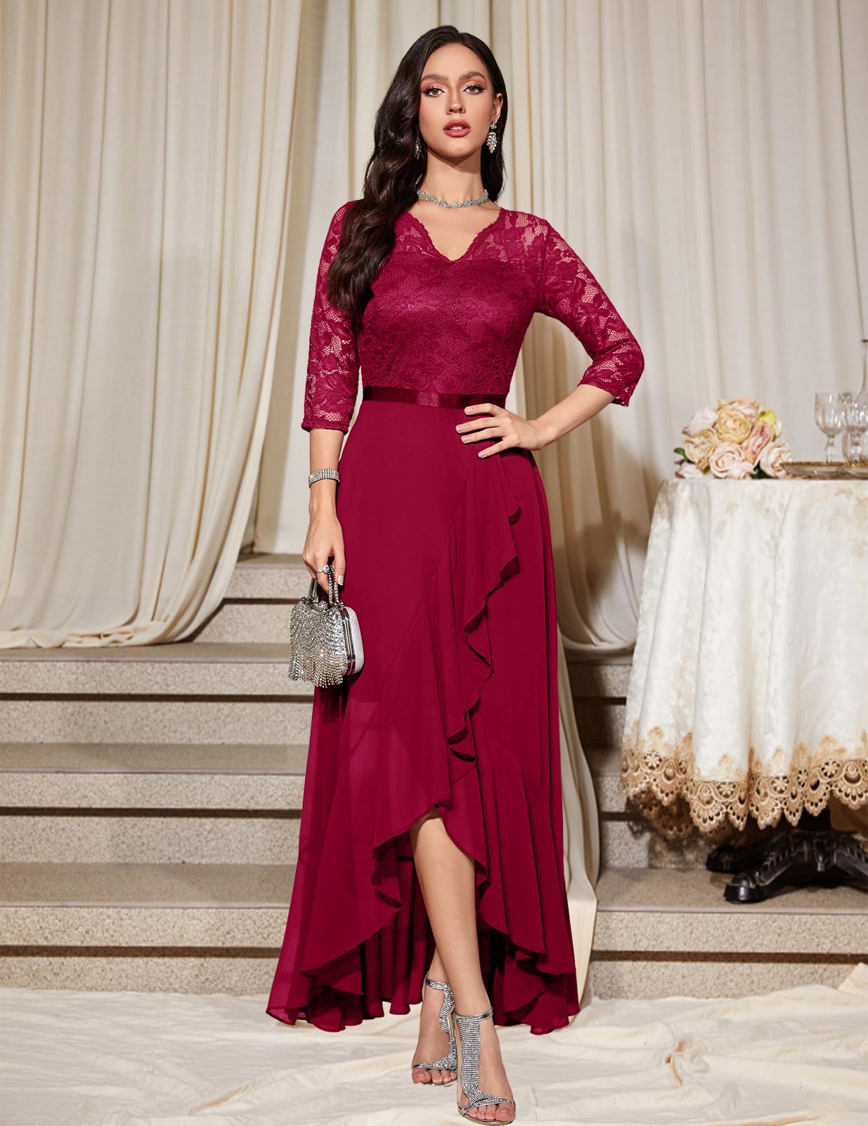 Robe Longue de Soirée Rouge Foncé-3 H