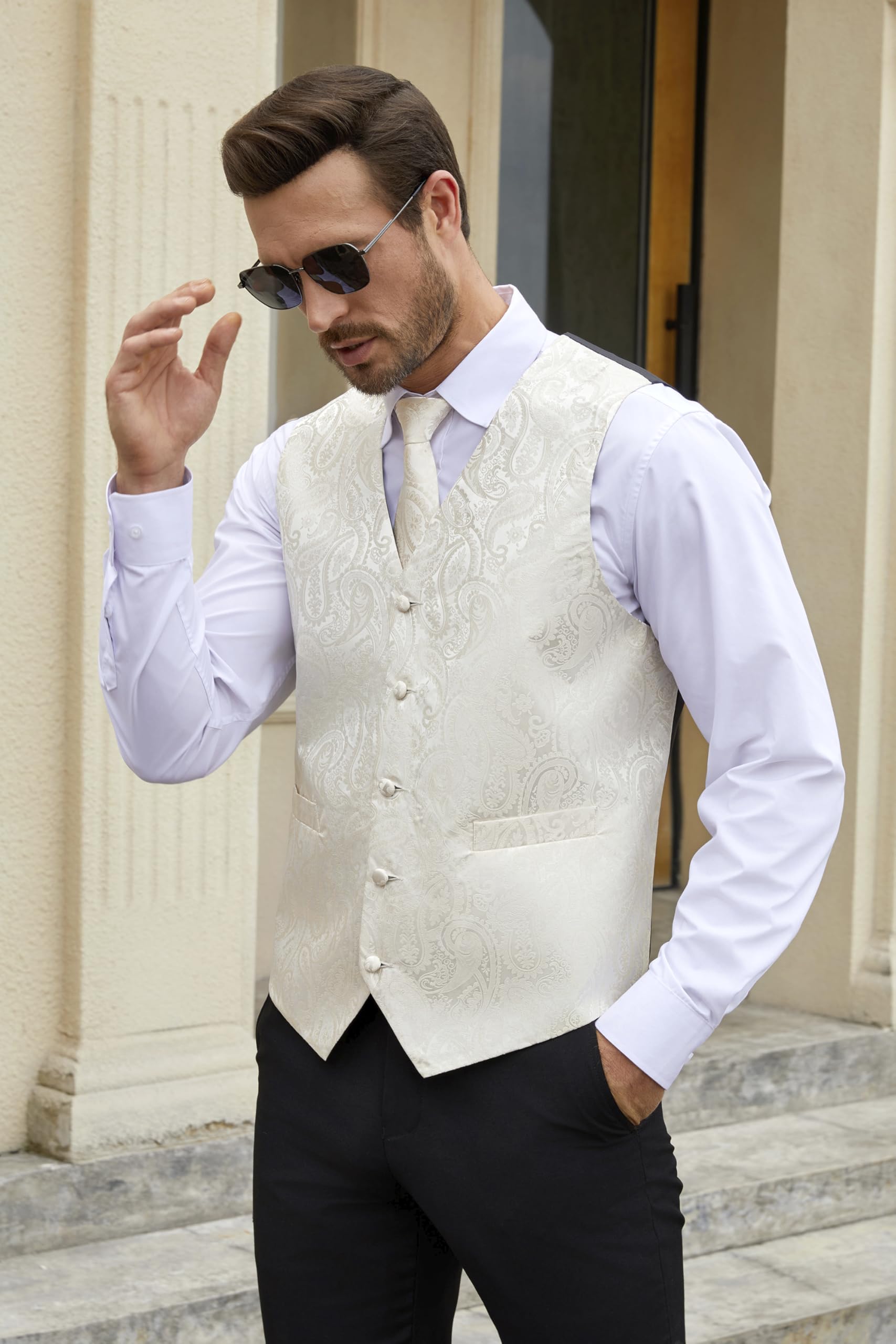 Gilet Homme plus Cravate & Pochette Beige-1 F