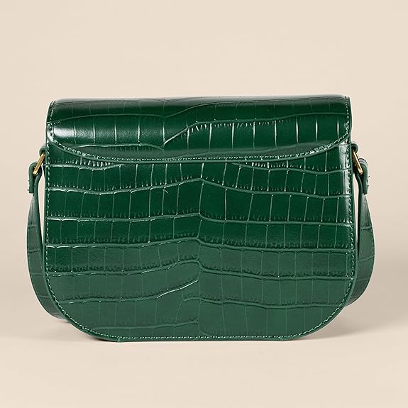 Sac Bandoulière en Raphia Faux Crocodile Vert Foncé D