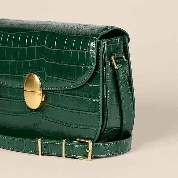 Sac Bandoulière en Raphia Faux Crocodile Vert Foncé D