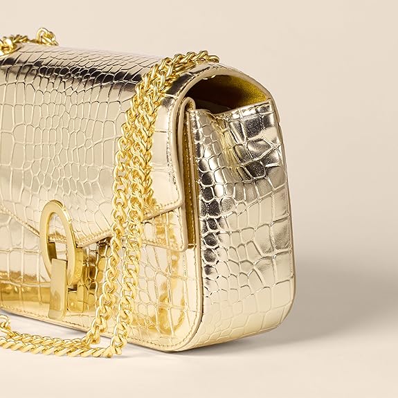 Sac à Bandoulière avec Chaîne Faux Crocodile Doré J