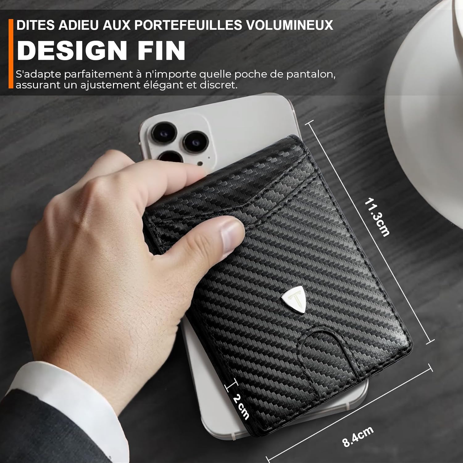 Portefeuille Slim Cuir en Fibre de Carbone avec Blocage RFID F