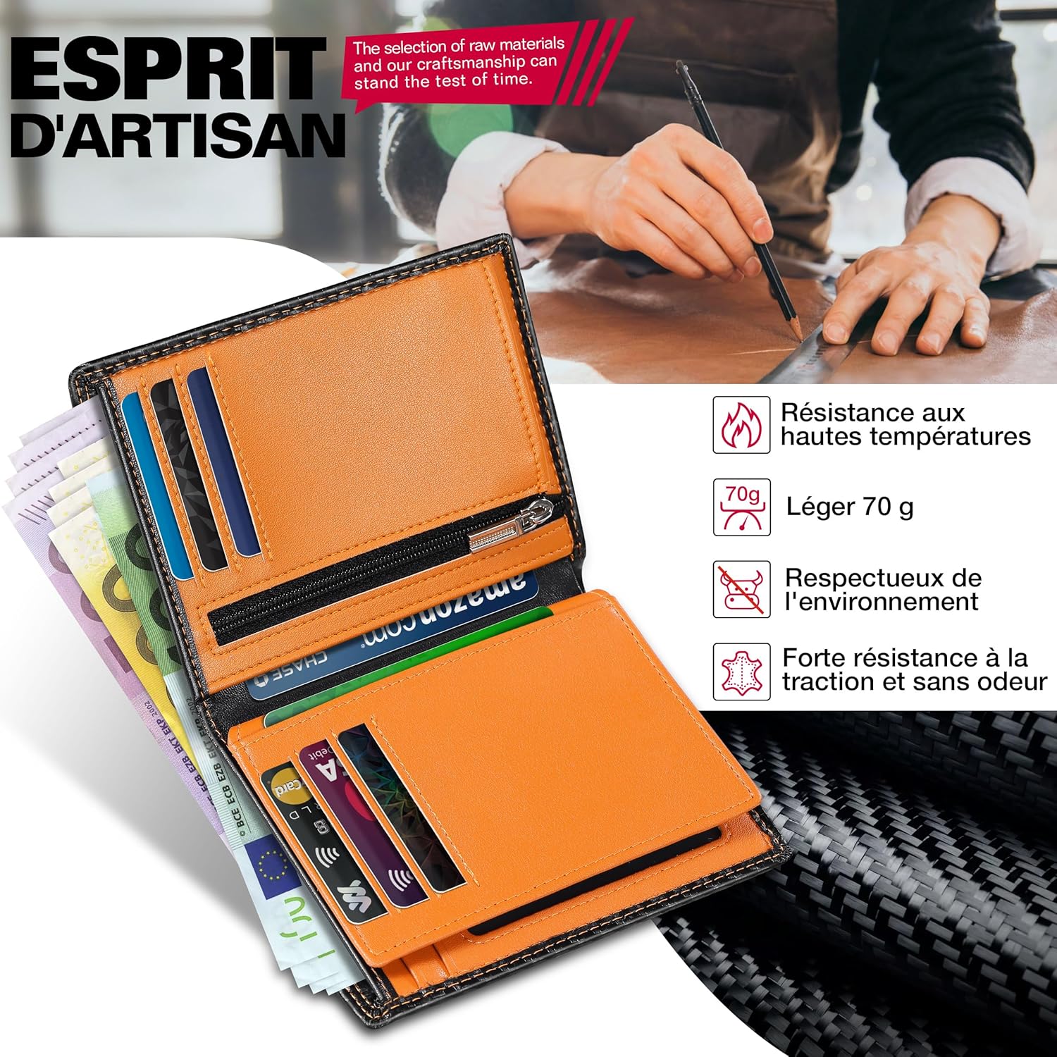 Portefeuille Vertical pour Hommes en Cuir Carbone bloquant RFID H