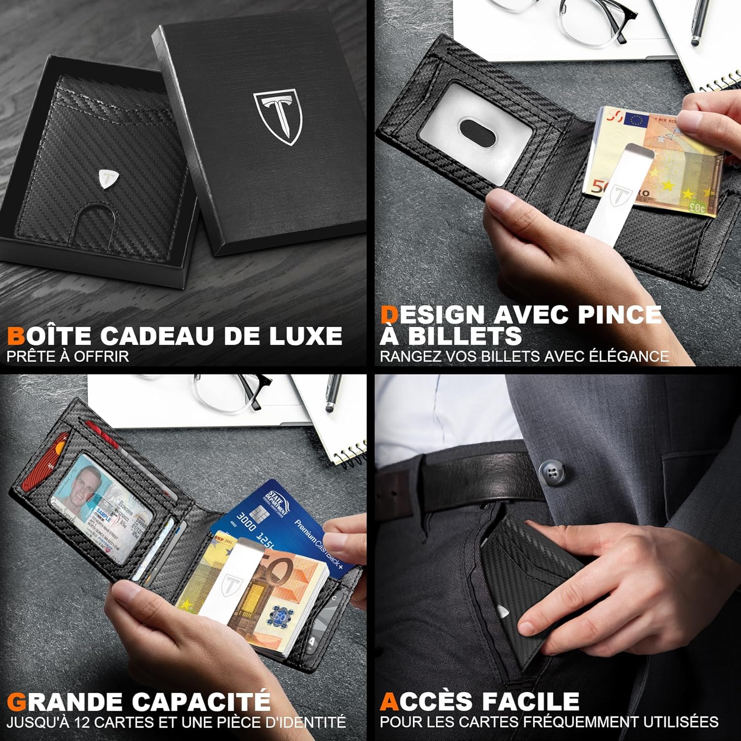 Portefeuille Slim Cuir en Fibre de Carbone avec Blocage RFID F