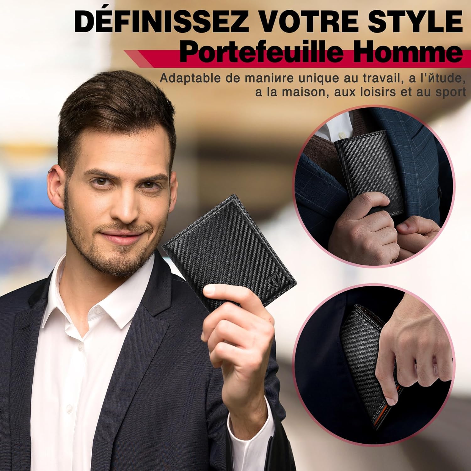 Portefeuille Vertical pour Hommes en Cuir Carbone bloquant RFID H