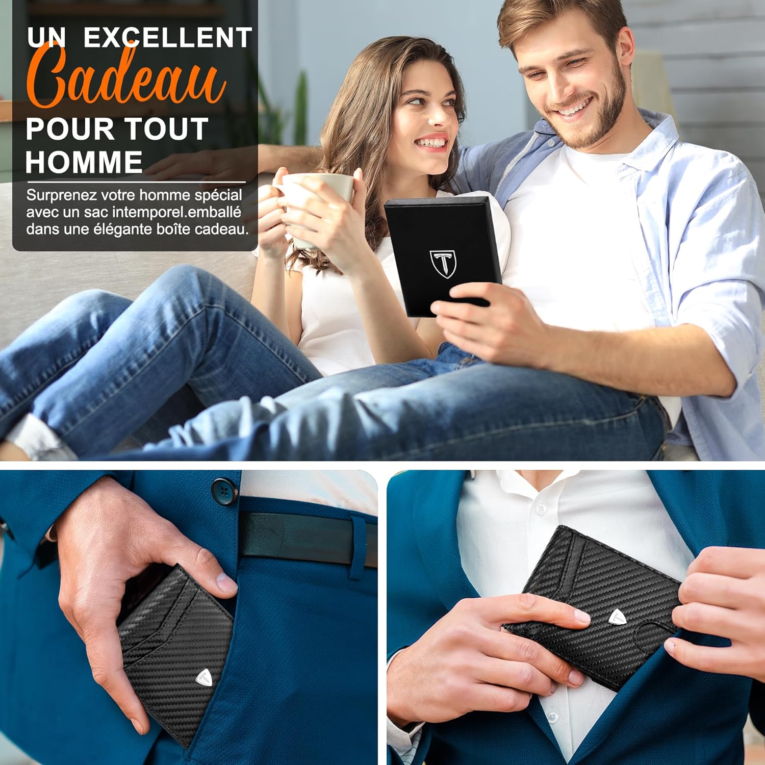 Portefeuille Slim Cuir en Fibre de Carbone avec Blocage RFID F
