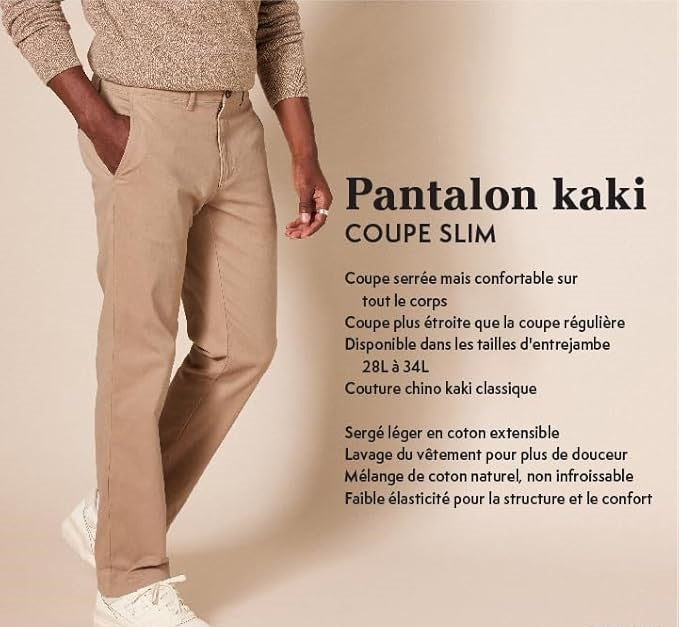 Pantalon Chino Extensible Style décontracté Brun Kaki Foncé B
